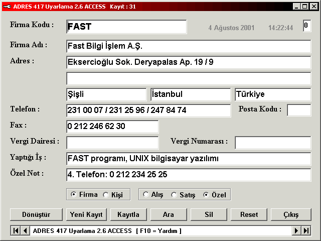 ADRES 417 Version 2.6 ACCESS Program Window