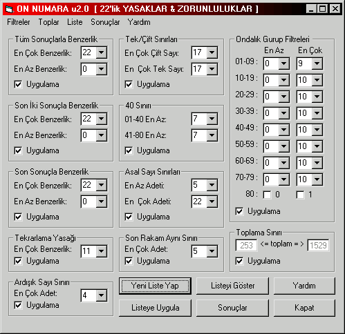 22'lik Kmeler Listesi reteci ve Eleyicisi